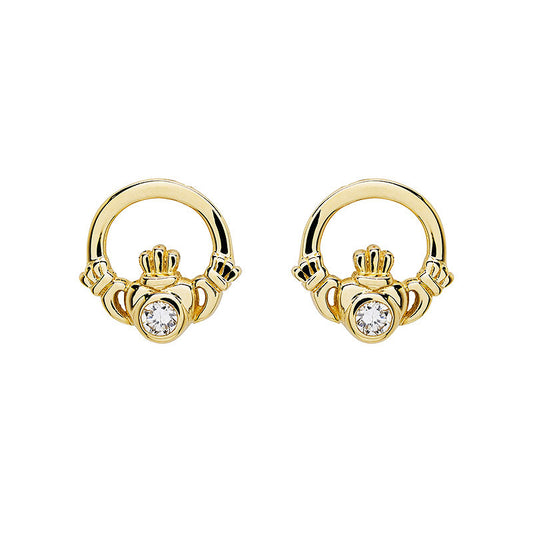 14K Gold Lab Diamond Bezel Set Claddagh Earrings