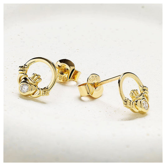 14K Gold Lab Diamond Bezel Set Claddagh Earrings