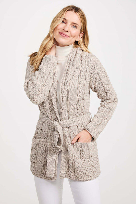 Aran Woollen Mills Super Soft Tie Waist Shawl Neck Cardigan