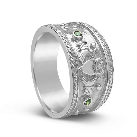 Sterling Claddagh Green Stones Wide Band