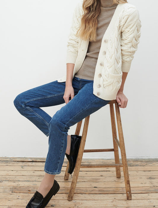 Aran Woollen Mills Ladies Long Chunky Button Cable V-Neck Cardigan