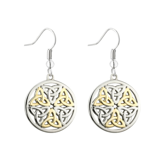 Rhodium 2 Tone Drop Trinity Knot Earrings