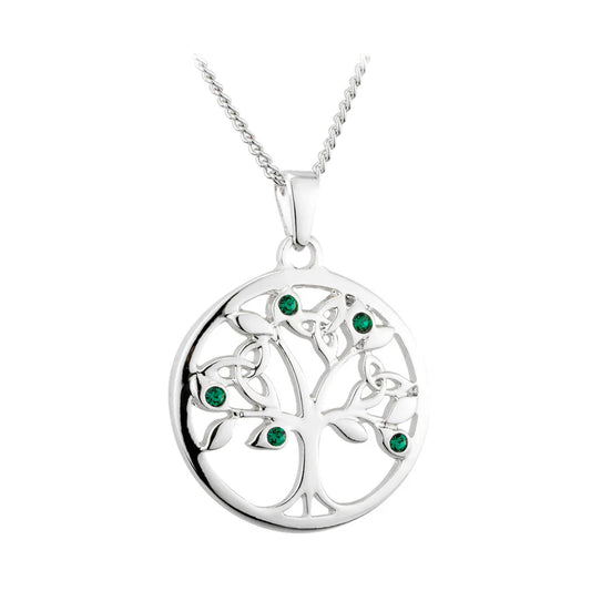 Rhodium Plated Green Crystal Tree of Life Pendant