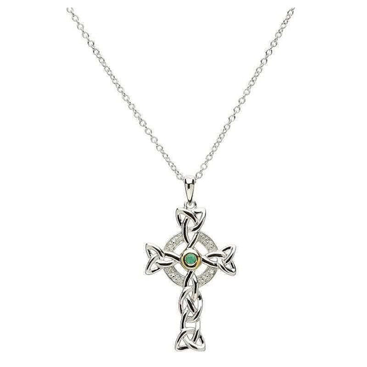 Sterling Silver Celtic Cross Genuine Diamond and Emerald Cross
