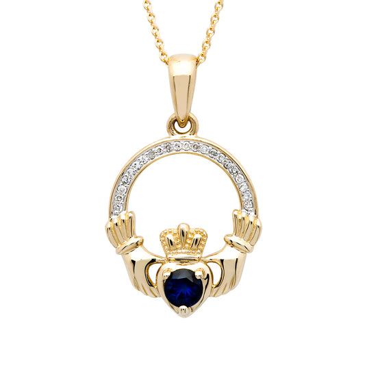 Shanore 14K. Diamond and Sapphire Claddagh Pendant