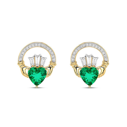 14K Gold Lab Emerald and Diamond Claddagh Drop Earrings