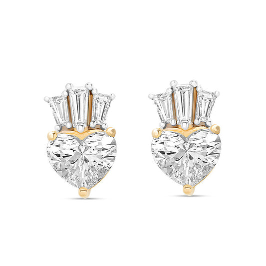 14K Gold Lab Diamond Heart and Crown Stud Earrings