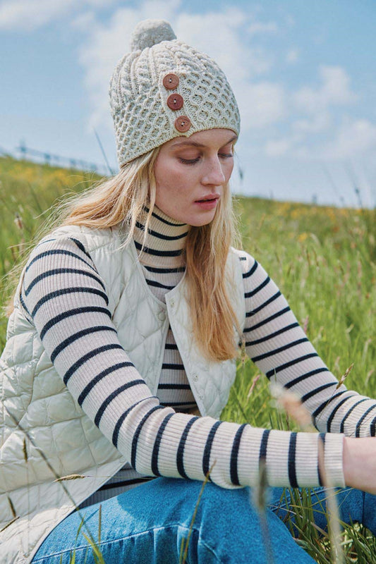 Aran Woollen Mills Merino Wool Knit Hat with Celtic Buttons