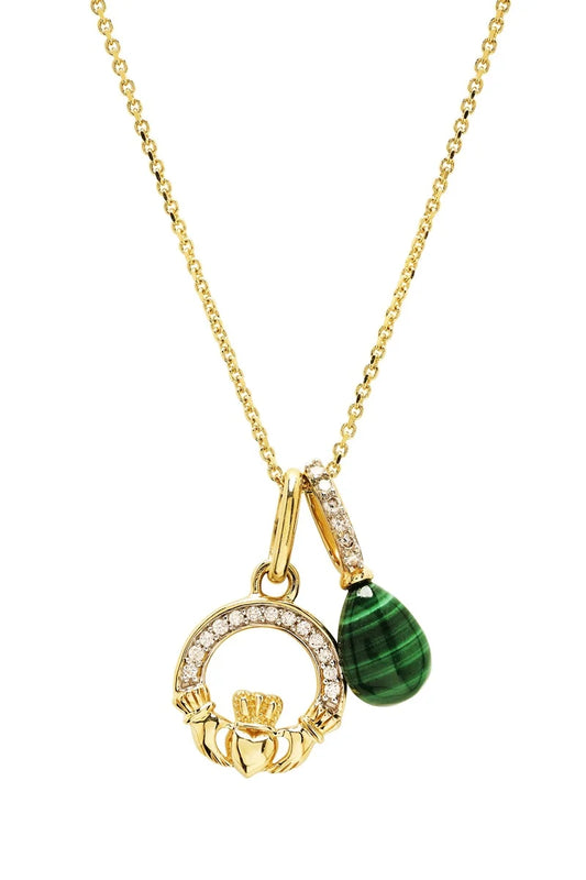 14kt Gold Lab Diamond Malachite Claddagh Necklace Small