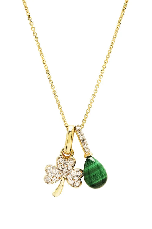 14kt Gold Lab Diamond and Malachite Shamrock Necklace Small