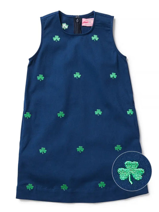Girls Shift Dress Stretch Twill Nantucket Navy with Shamrock