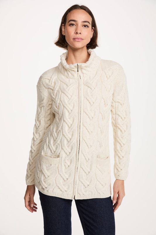 Aran Woollen Mills Super Soft Chunky Cable Zipper Cardigan