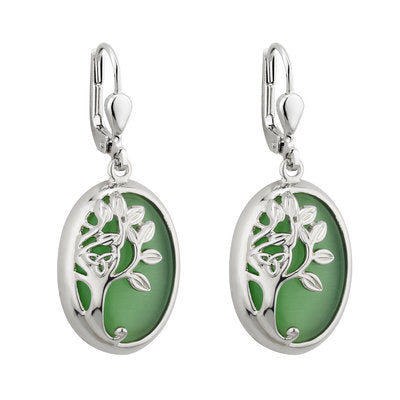 Rhodium Green Tree of Life Drop Earrings