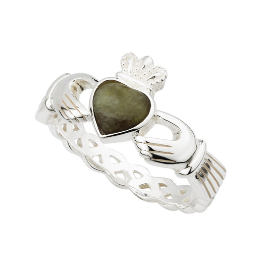 Solvar Ladies SS & Connemara Marble Claddagh Weave Ring